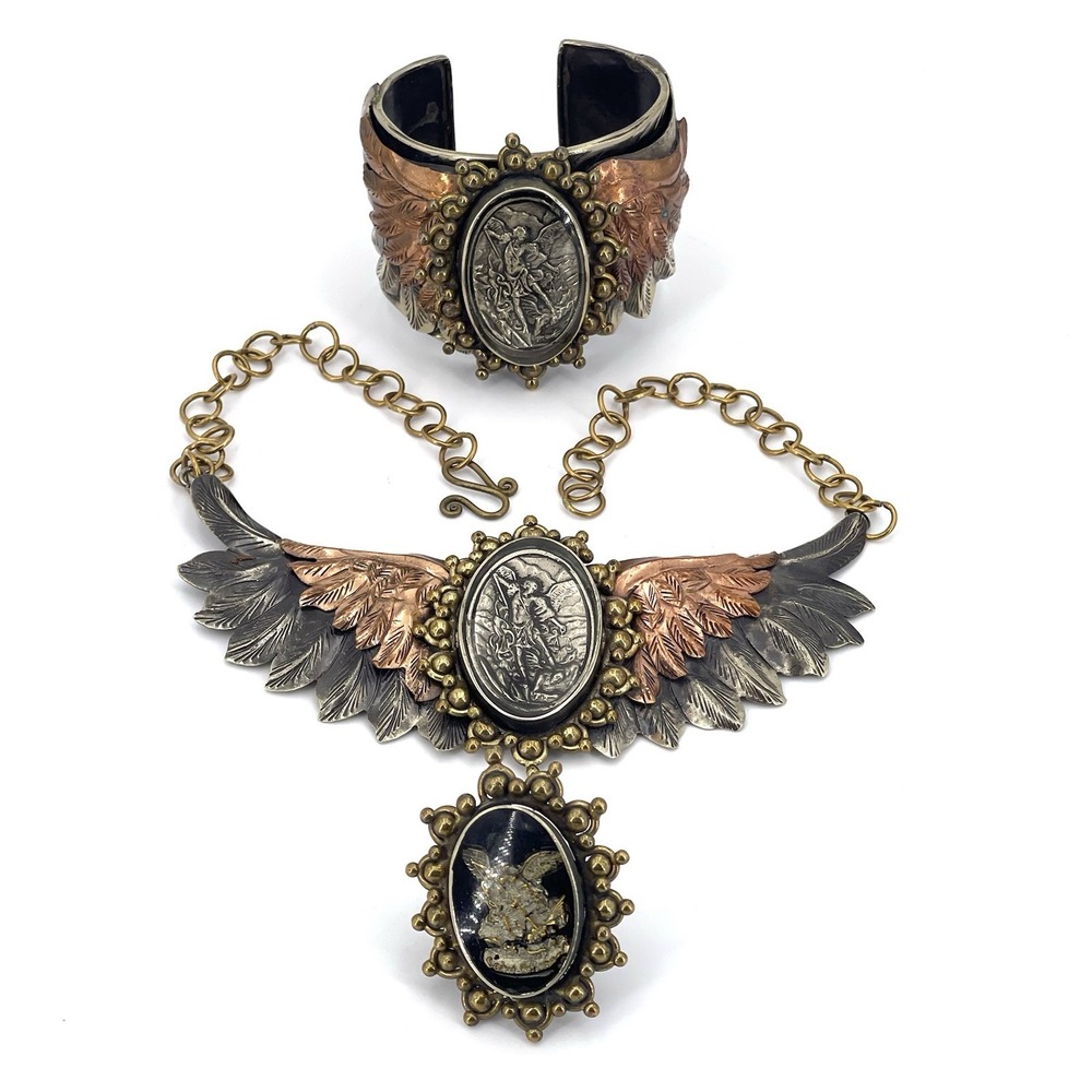 Vintage Archangel Michael Necklace Ring Bracelet Matching Set Copper Brass Metal